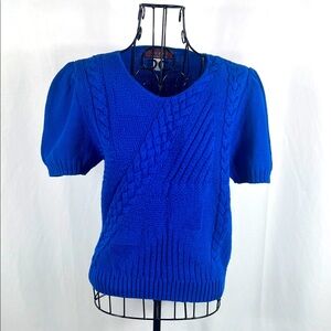 Y2K Great Connections Royal Blue Cable Knit‎ Women's Blouse Medium 100% Cotton